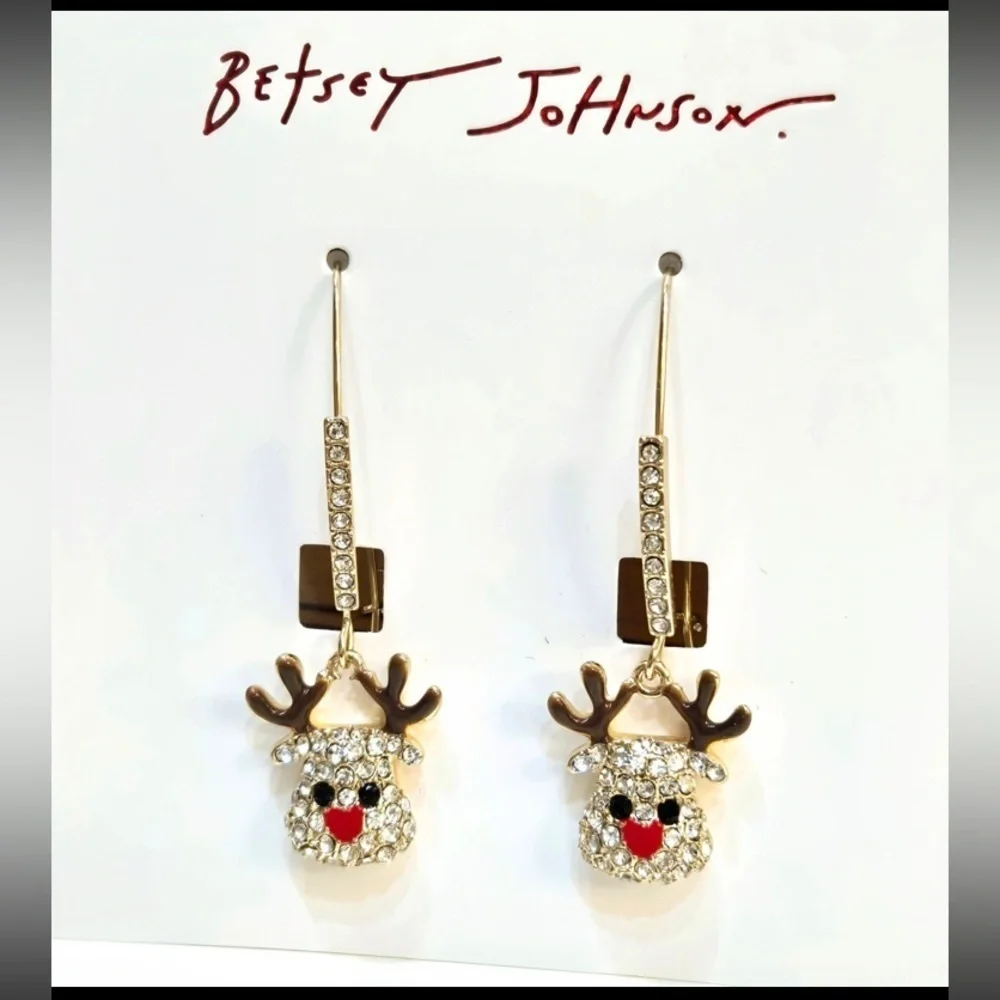 BETSEY JOHNSON Christmas Holiday Reindeer Dangle Crystals Bling Earrings NEW NWT
